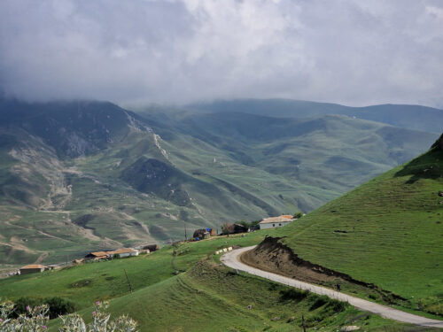Village Azerbaijan Xinaliq mountain driving with car